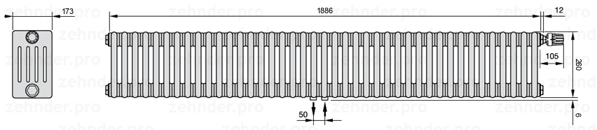 Схема (чертеж) Радиатор Zehnder Charleston 5026/41 №V008 Белый глянцевый RAL 9016